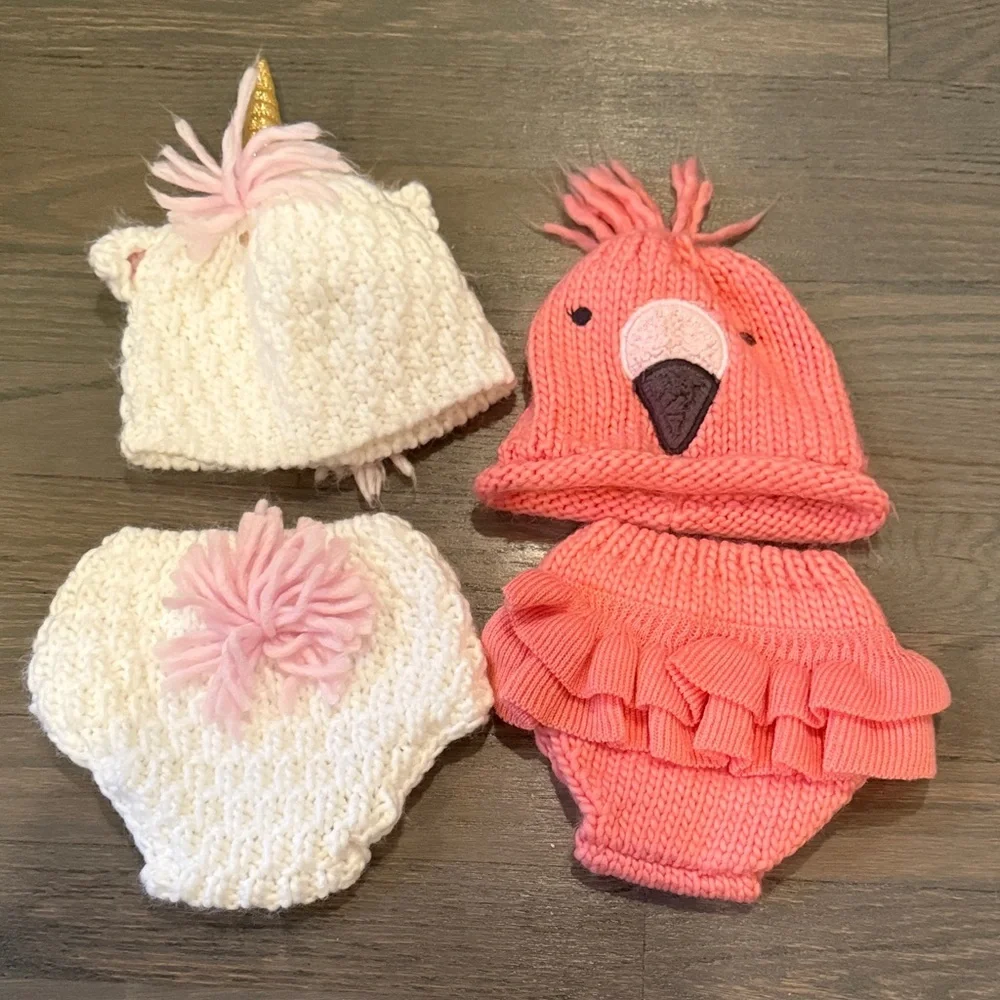 Pink and White Kids Knit Hat and Diaper Cover Set Unicorn & Flamingo